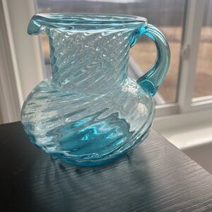 Vintage Hand Blown Aqua Blue Teal Glass Small Pitcher With Bubbles Pontil
